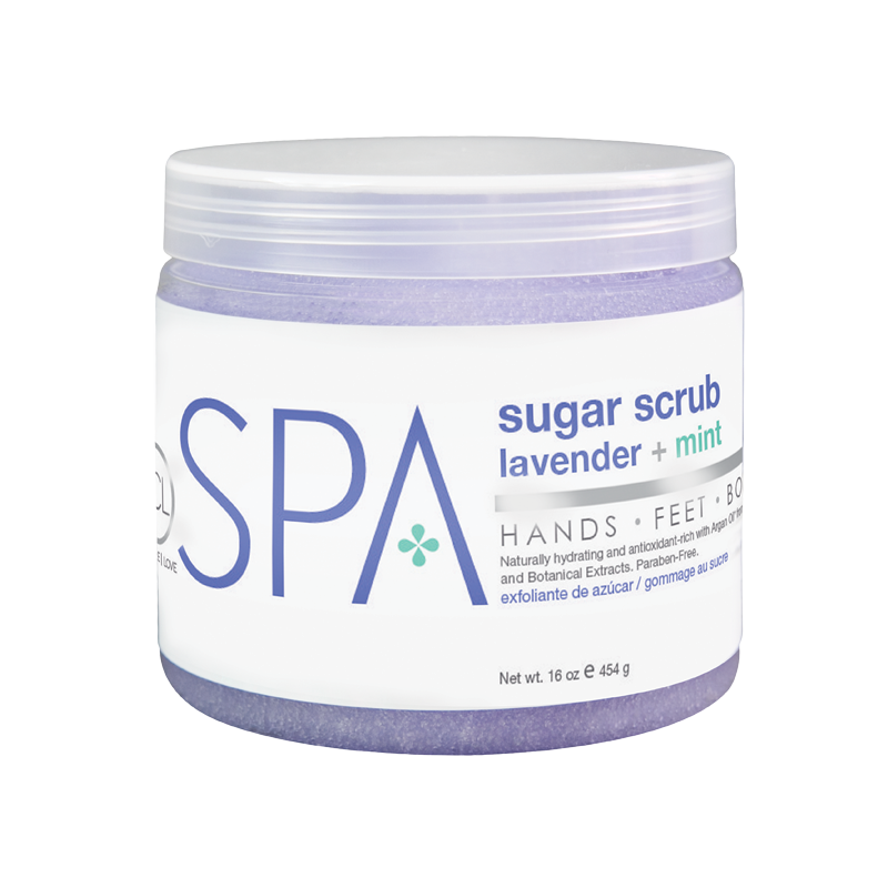 sugar-scrub-lavender-mint-16ozwebp – Damara Luxury Spa Vancouver Lavender and mint sugar scrub in a white jar labeled SPA with a white lid (16 oz)