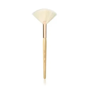 Makeup fan brush with white bristles and light wooden handle for powder application