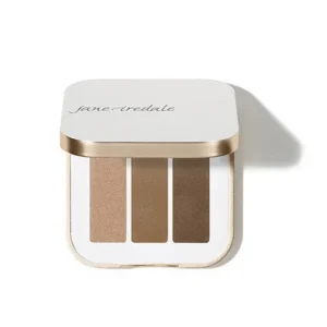 Jane Iredale three-shade neutral eyeshadow palette in a white compact with a gold edge