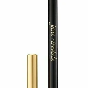 Black lip liner pencil with pink tip and its gold cap removed beside it on a white background, gold lettering along the barrel